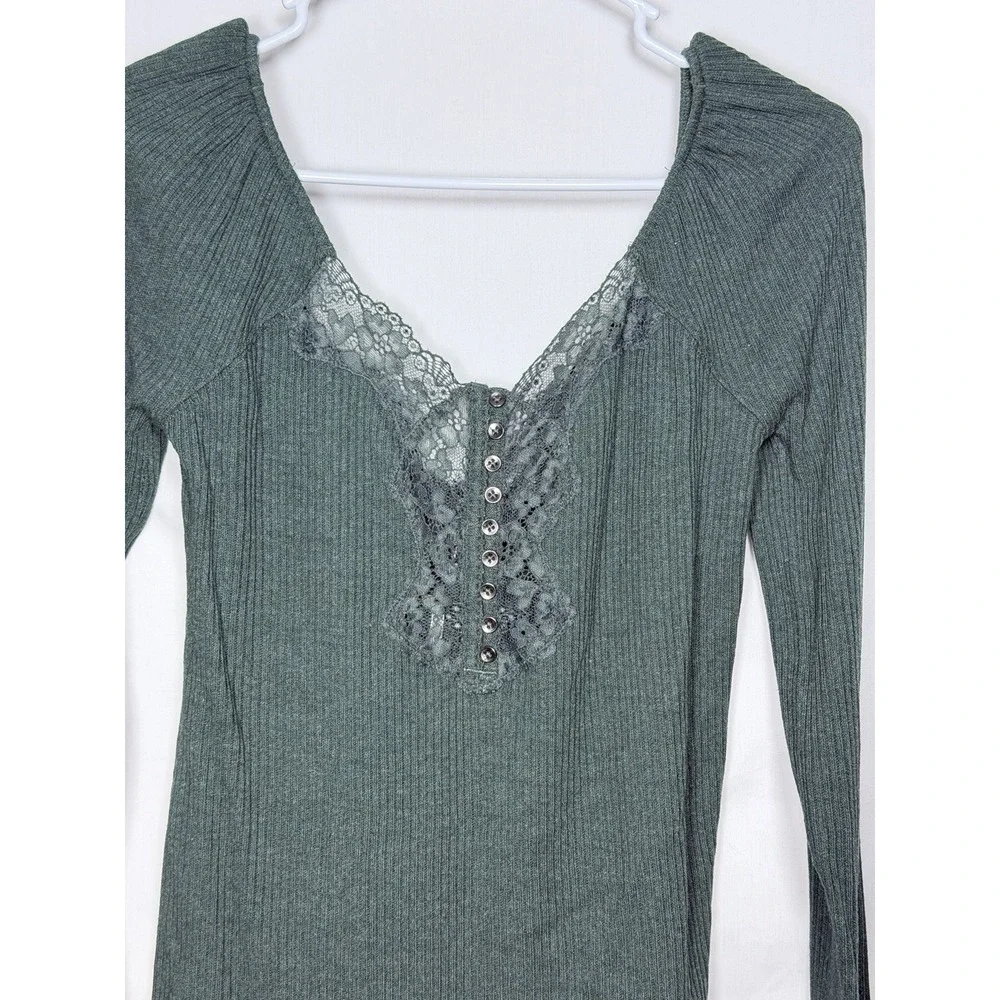 Free People To The West Ribbed Top Fairy Grunge Lace Henley Boho Sage Green M